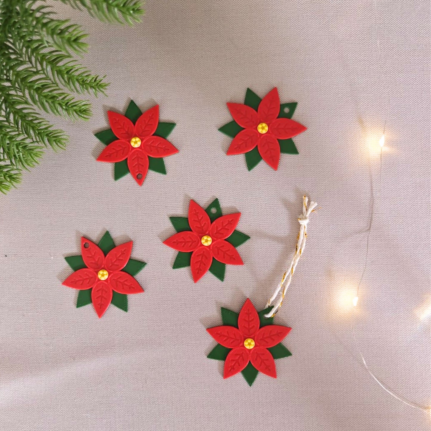 Poinsettia Plant Ornaments, Set of 5 pcs