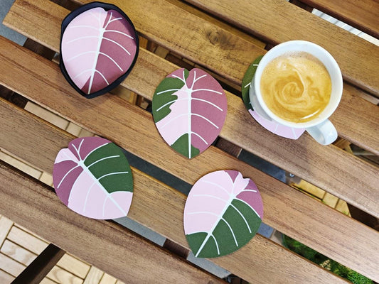 Leaf Coasters with Tray, Alocasia Coaster Set, Variegated Alocasia Black Pink, Alocasia Melo, 3D printed Coasters, Alocasia Print