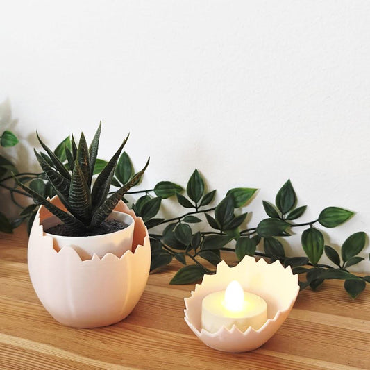 Eggshell Succulent Pot and Matching Tealight Holder, Easter Egg Decor, Spring Decorations, Cracked Egg Deco, 3d print, Pink egg, Pink eggshell