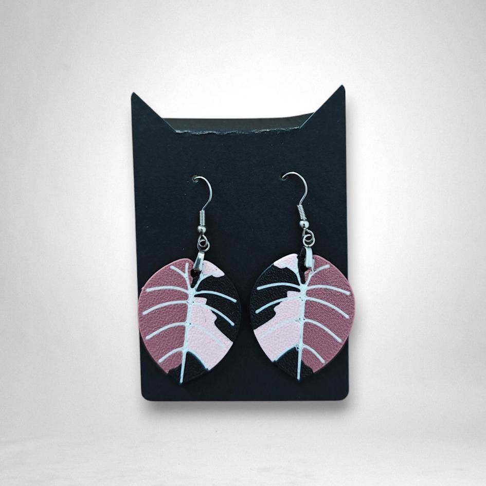 Leaf Earrings Alocasia Black Velvet Variegated, Pink Alocasia Jewelry Gift for Plant Lovers, Plant Earrings, 3d printed Earrings