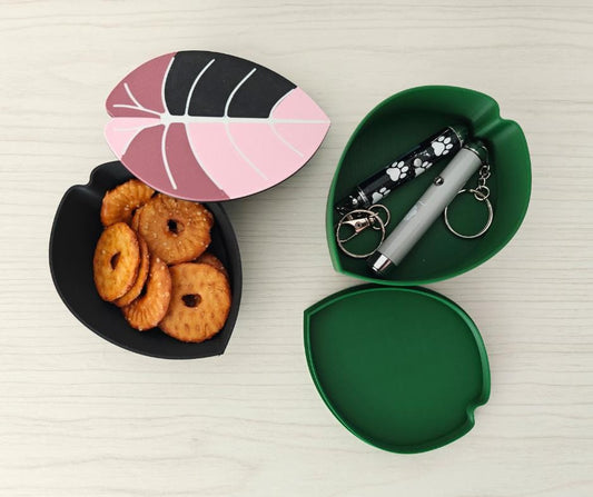 Trinket Box, Plant-shaped Container for Candy, Snacks, Coins, Keepsakes, or Jewelry, 3D printed Variegated Alocasia Leaf Storage with Lid