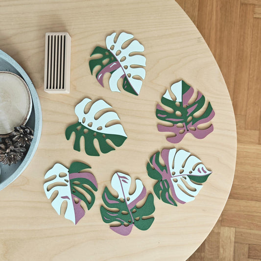 Monstera Leaf Coaster Set, Monstera Coasters with Holder, 3D printed Table Decor, Variegated Plant