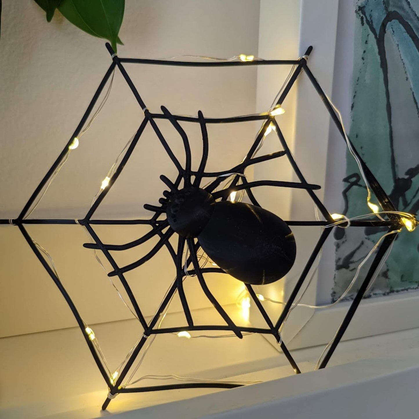 Spider in Cobweb, Scary Gothic Halloween Decor, 3D Printed Spider Web, Optional LED Fairy Lights