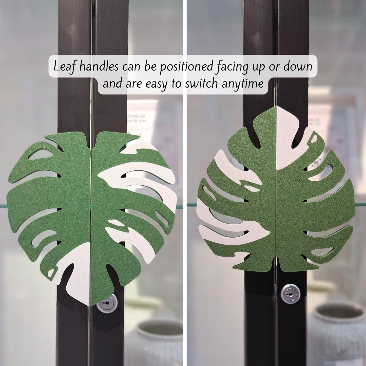 Slip-On Monstera Leaf Handles for IKEA MILSBO Cabinet, No Tools Needed, 3D Printed Variegated Plant Decor