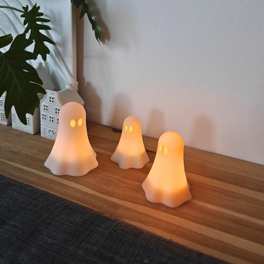 Ghost Tealight Covers, Set of 3, Stackable 3D Printed White Halloween Decor, For LED Lights Only