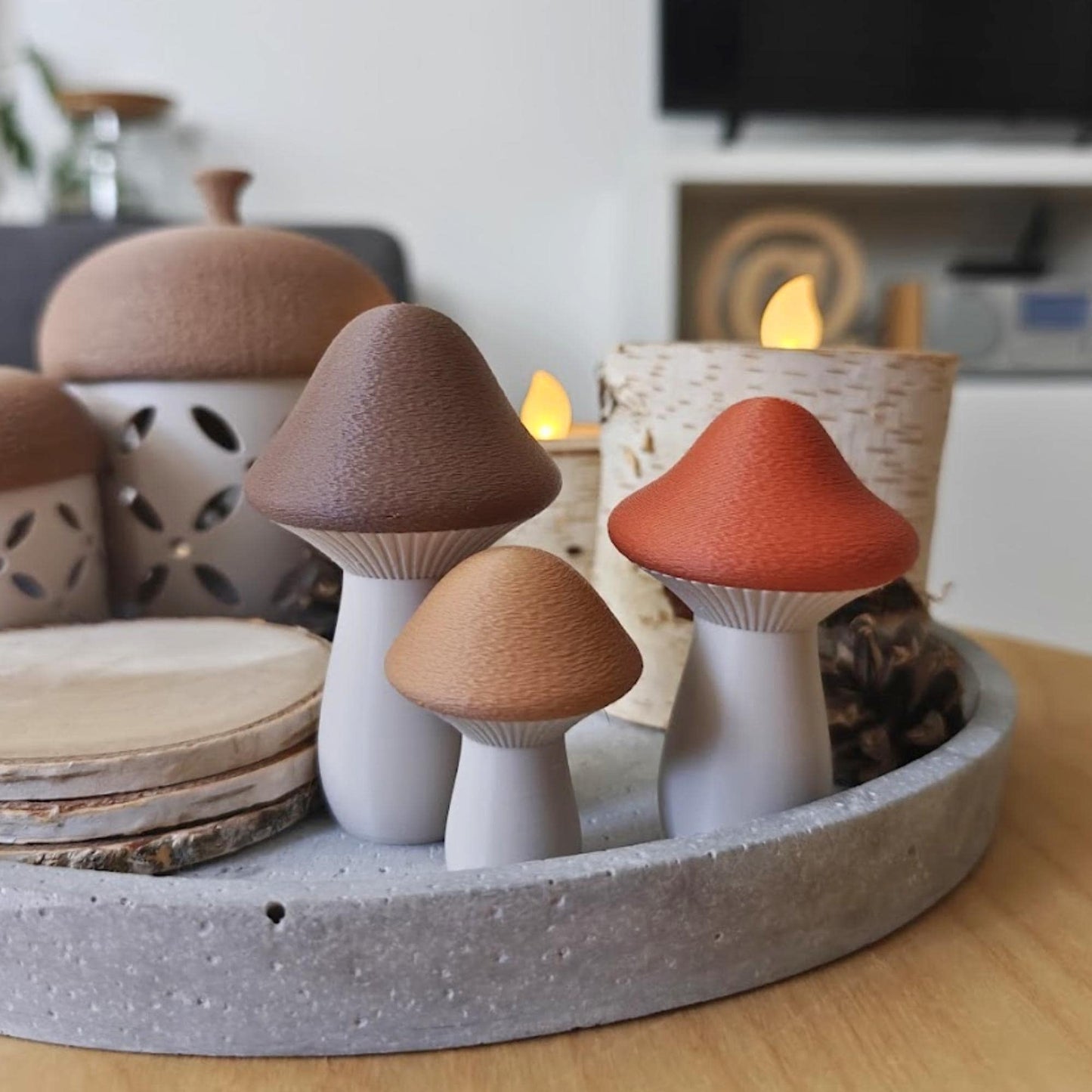 Mushroom Decor Set of 3, Mini 3D-Printed Toadstools, Neutral Autumn Accents, 3D Printed Fall Decor