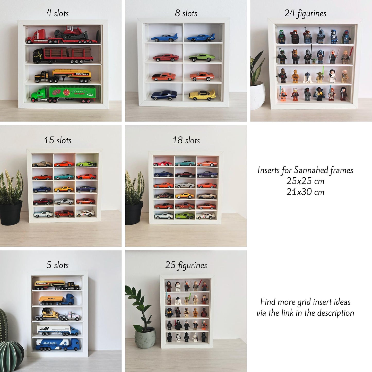 Examples of different grid layouts for displaying Hot Wheels and 1:64 diecast cars