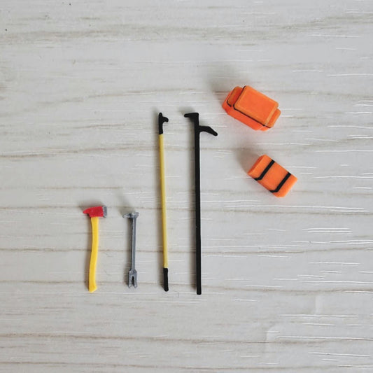 3D printed firefighter rescue tools set including axe, halligan bars, pike poles and medical bags