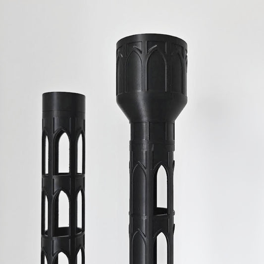 Close-up view of the 4 cm gothic moss pole sections, showing the open cutout pattern and solid reservoir top.