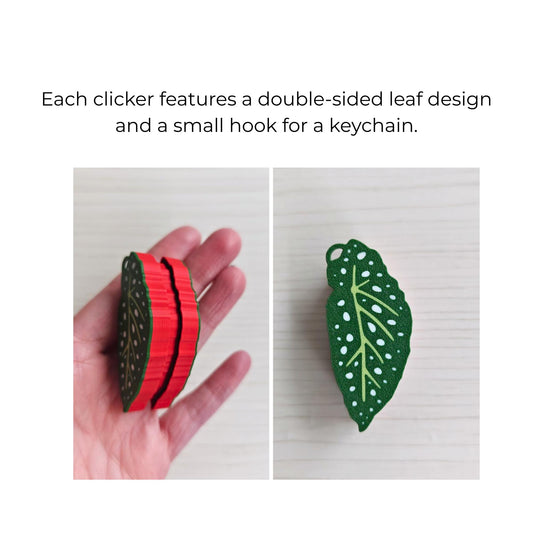 Each clicker features a double-sided leaf design and a small hook for a keychain