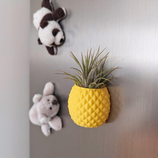 Pineapple fridge magnet planter with air plant, styled with soft toy decor in background