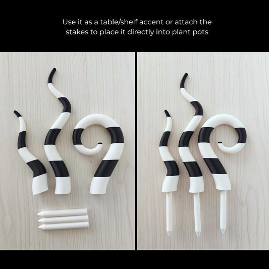 Sandworm decor pieces with and without stakes, comparison of shelf decor and plant stake use