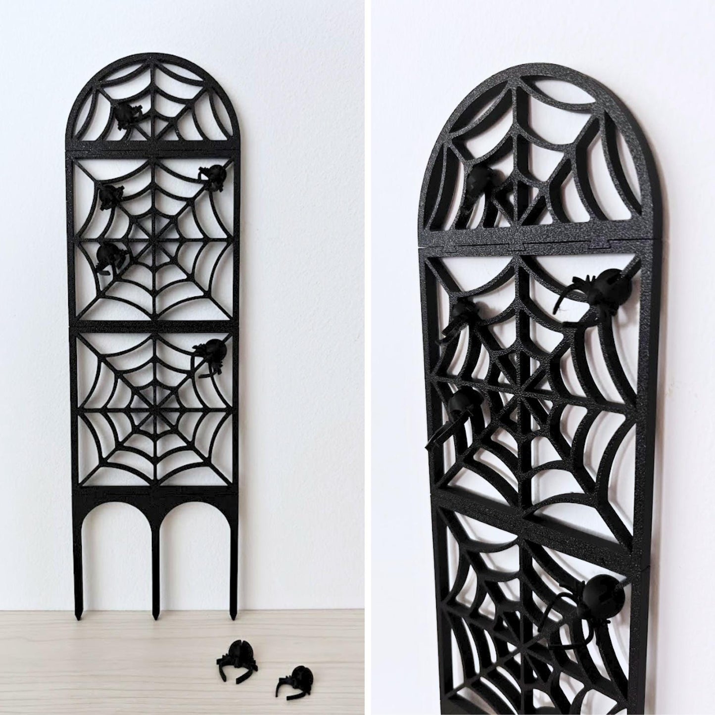 Black spiderweb plant trellis shown assembled with spider clips and detailed side view.