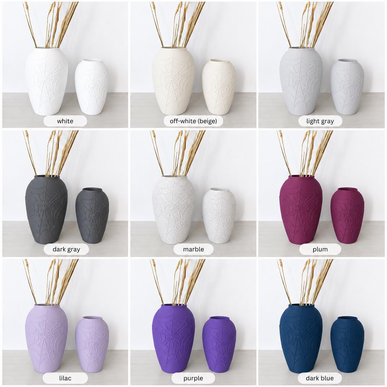 Spiderweb vase shown in several available colour combinations, including white, off-white, grey, black, pink, lilac, purple and blue.