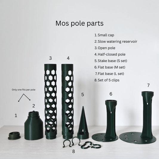 Individual 4 cm moss pole parts, including caps, reservoirs, pole sections, bases and plant clips.