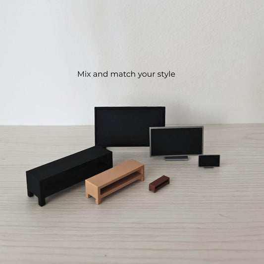 Miniature TVs and matching stands shown in different sizes and color combinations.