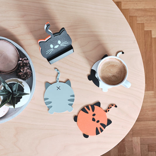 Cat Coaster Set, Double sided Funny Kitten Coasters with Holder