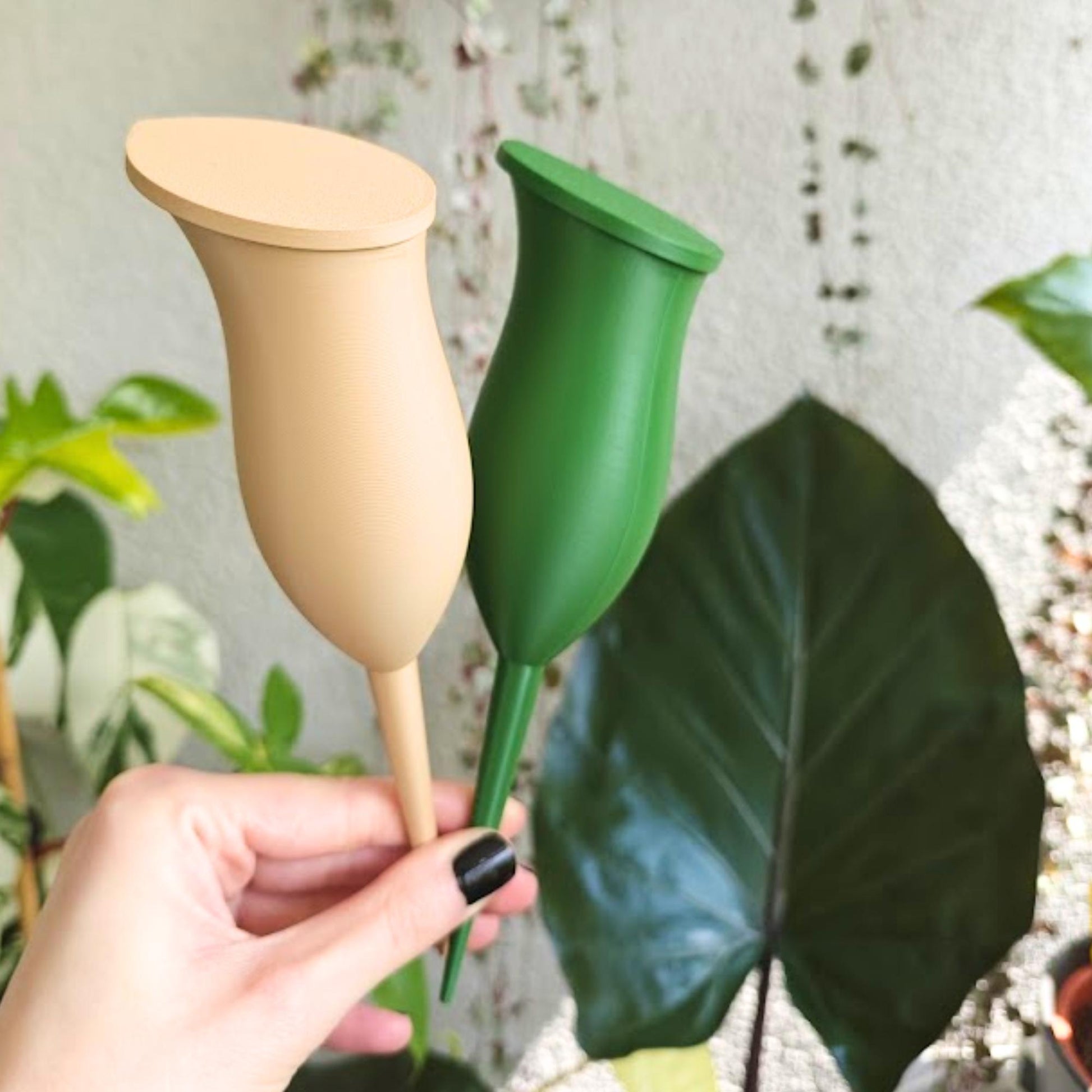 Water container in the shape of a Pitcher plant, Self watering aid