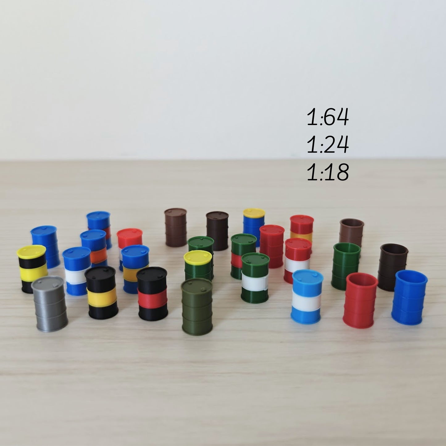 Miniature Oil Drums 5 pcs set, 1/64, 1/24, 1/18 Scale