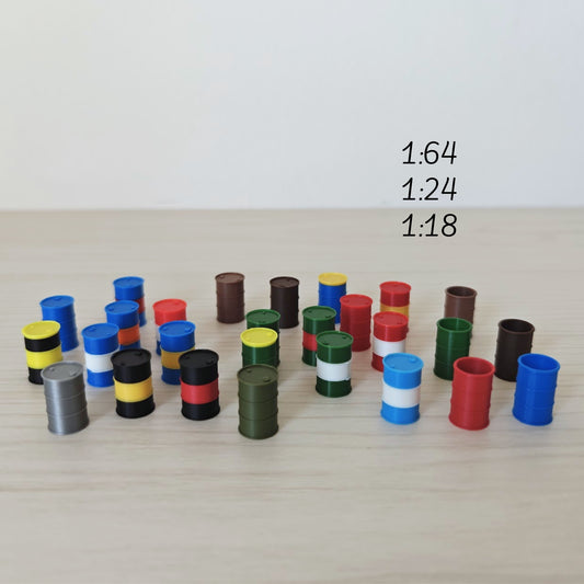 Miniature Oil Drums 5 pcs set, 1/64, 1/24, 1/18 Scale