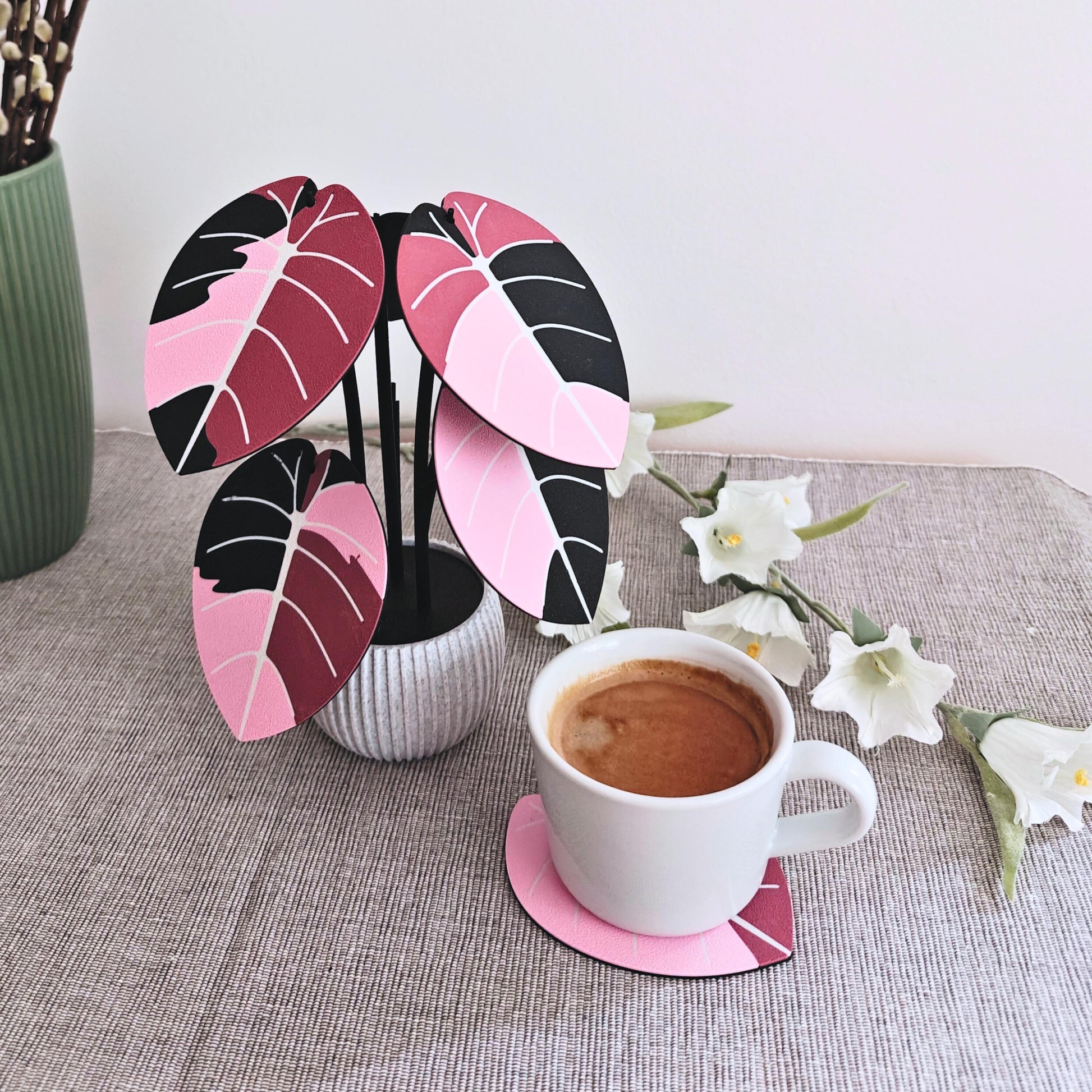 Jewel Alocasia Coaster Set, Variegated Black Velvet and Melo