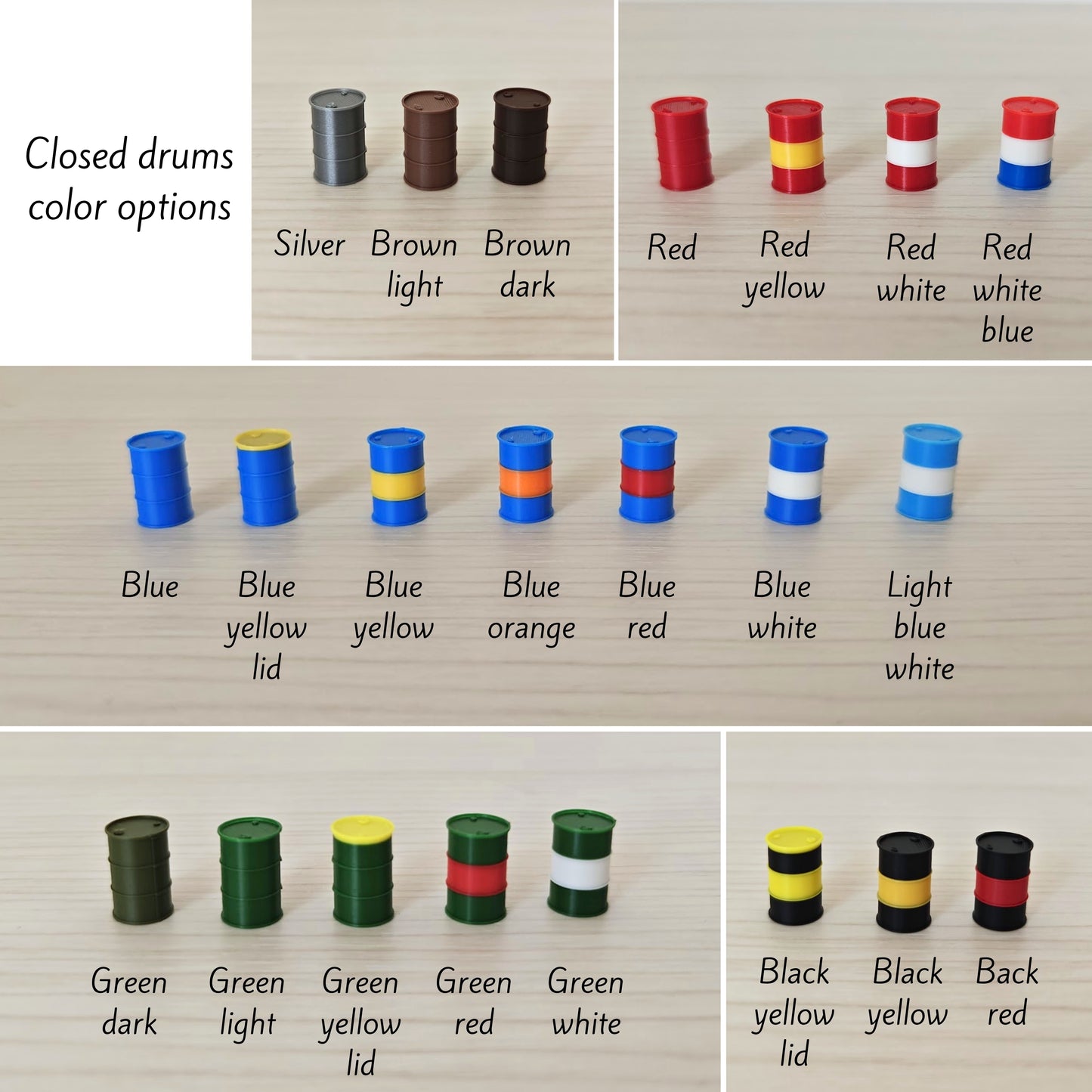 Miniature Oil Drums 5 pcs set, 1/64, 1/24, 1/18 Scale