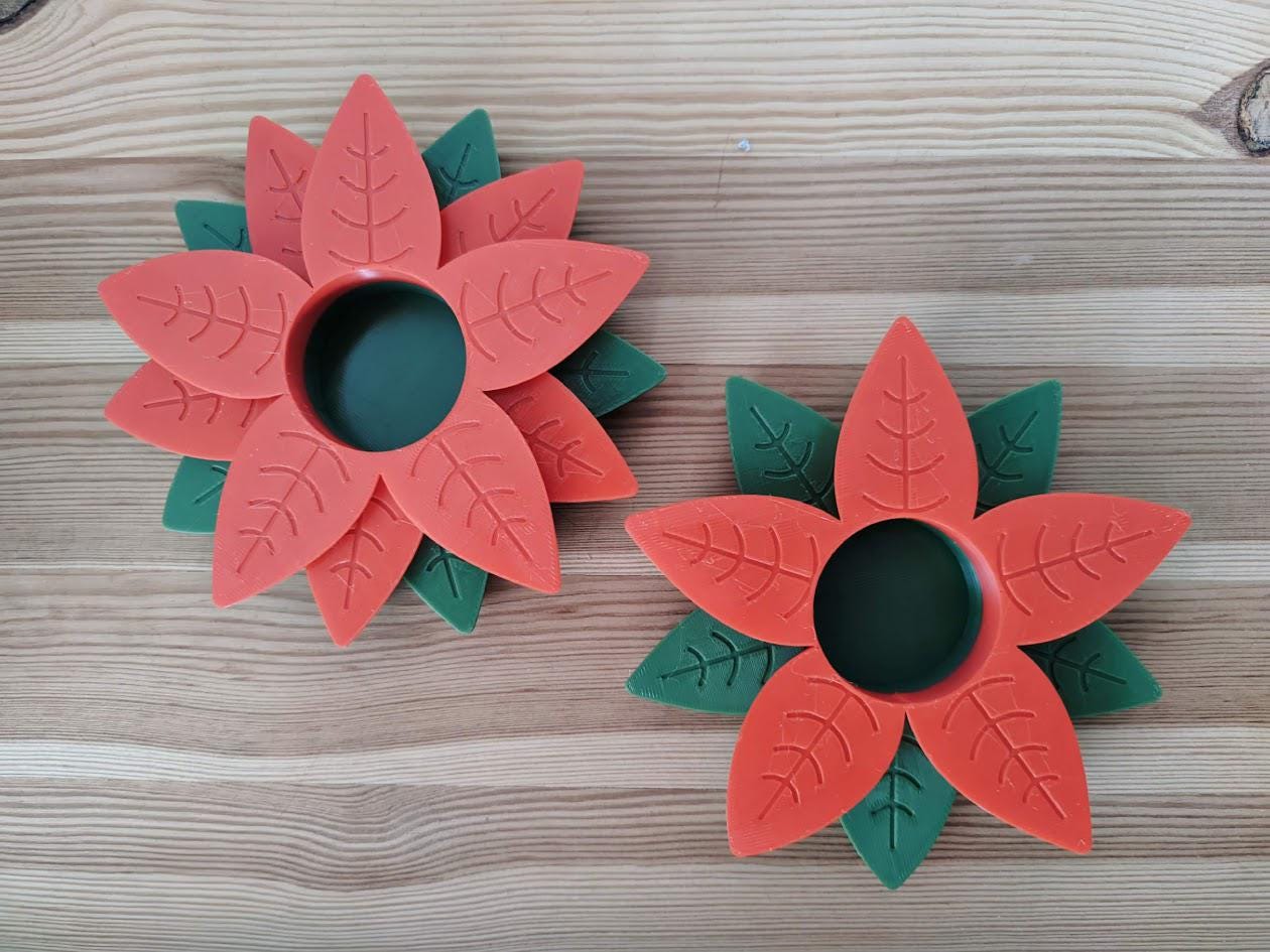 Poinsettia tealight holder, Christmas Holiday decor, 3d print