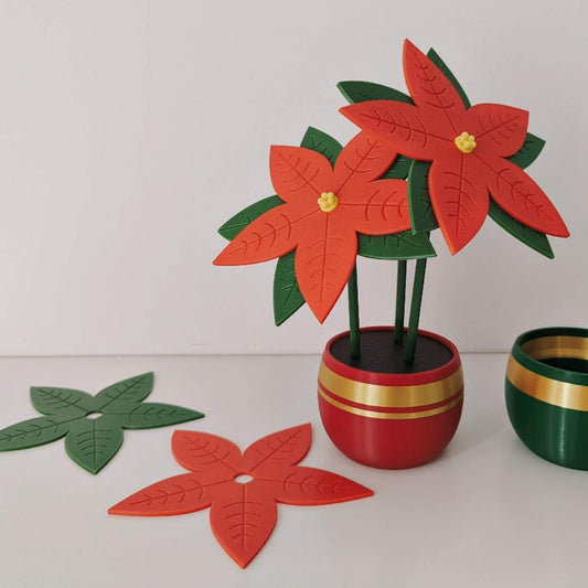 Poinsettia Coaster Set, 6 Leaf Coasters, Christmas Star Decoration, Holiday Gift Present, 3d print