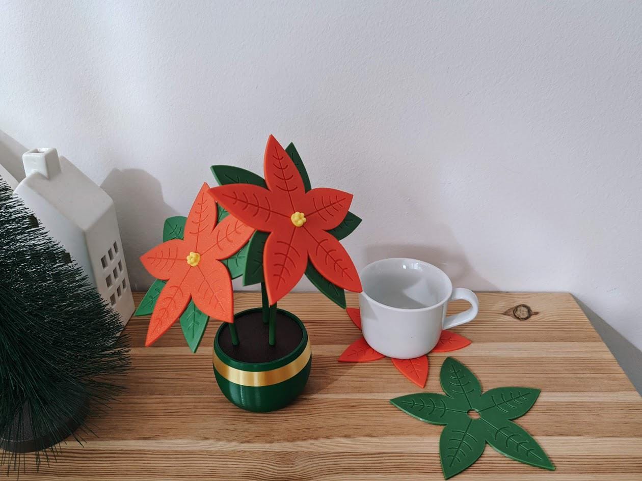Poinsettia Coaster Set, 6 Leaf Coasters, Christmas Star Decoration, Holiday Gift Present, 3d print