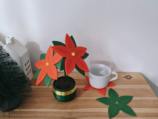 Poinsettia Coaster Set, 6 Leaf Coasters, Christmas Star Decoration, Holiday Gift Present, 3d print