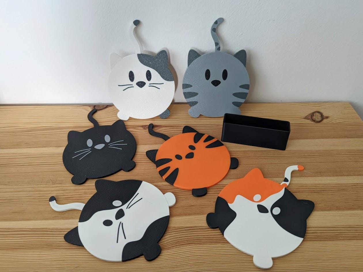 Cat Coaster Set Double sided Cute and Funny Cat Coasters with Holder, Unique Coasters for Cat Lovers, 3D printed Coasters