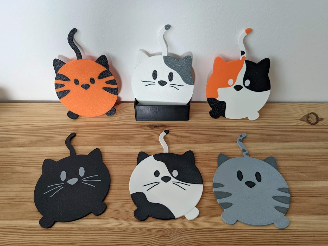 Cat Coaster Set Double sided Cute and Funny Cat Coasters with Holder, Unique Coasters for Cat Lovers, 3D printed Coasters