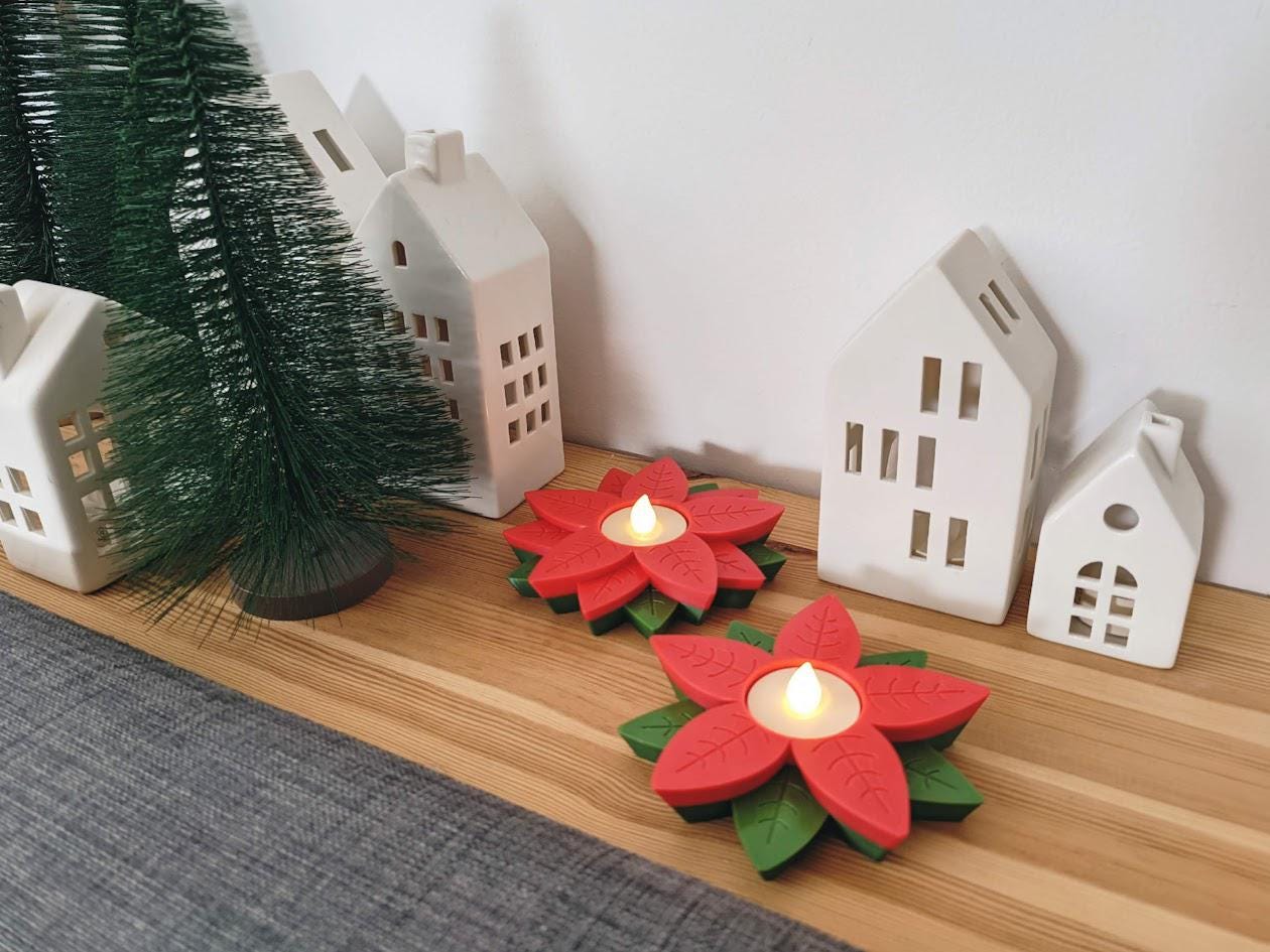 Poinsettia tealight holder, Christmas Holiday decor, 3d print