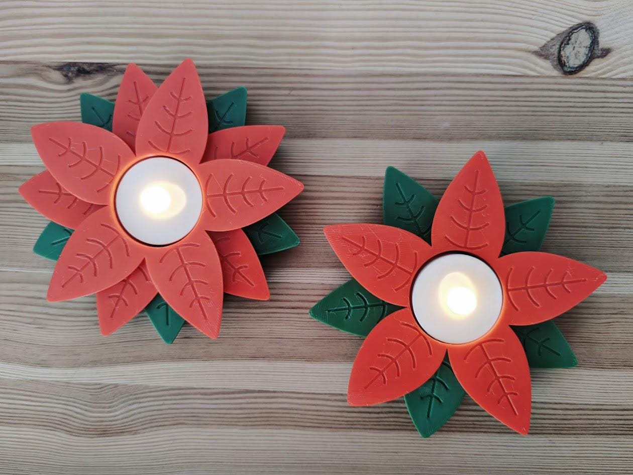 Poinsettia tealight holder, Christmas Holiday decor, 3d print