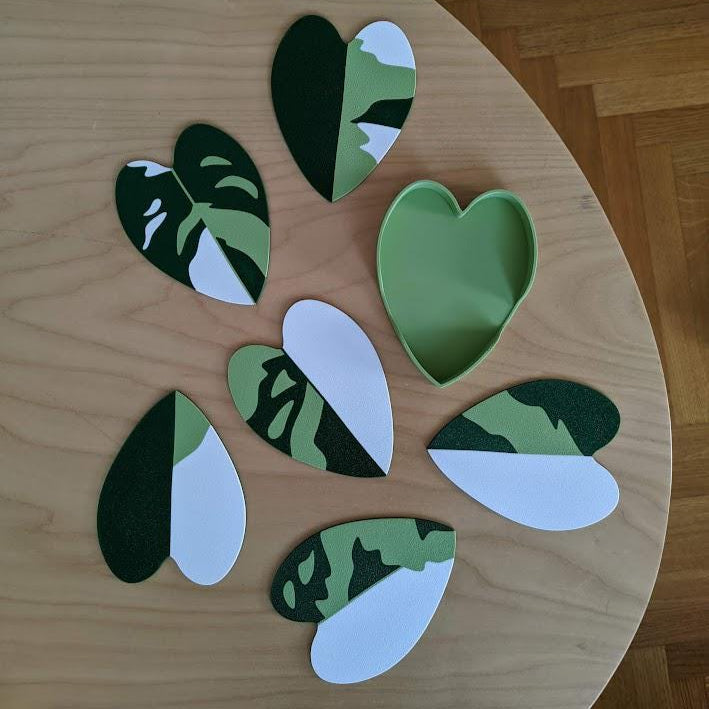Philodendron Leaf Coasters Set, Pink or White Princess colors, 6 pcs with holder, 3d print
