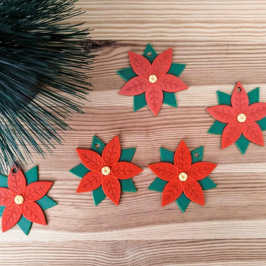 Poinsettia Plant Decor, Christmas Star Ornaments, Holiday Decoration, Christmas Tree, and Gift Wrapping, Set of 5 pcs, 3d print