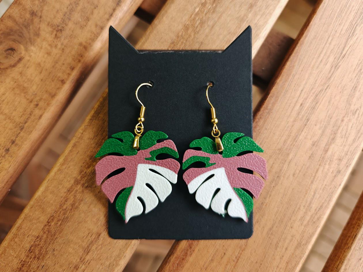 Earrings Monstera Var Monstera Earrings, Leaf earrings, 3d printed Jewelry Gift for Plant Lovers, Leaf Earrings, 3d printed Plant Earrings, Pink Monstera