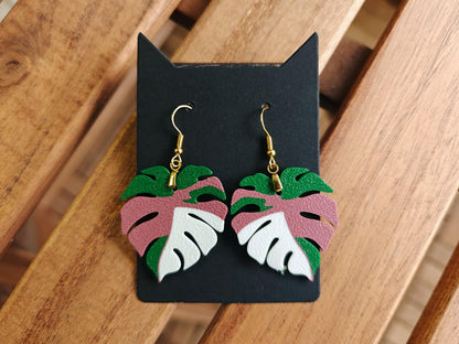 Earrings Monstera Var Monstera Earrings, Leaf earrings, 3d printed Jewelry Gift for Plant Lovers, Leaf Earrings, 3d printed Plant Earrings, Pink Monstera