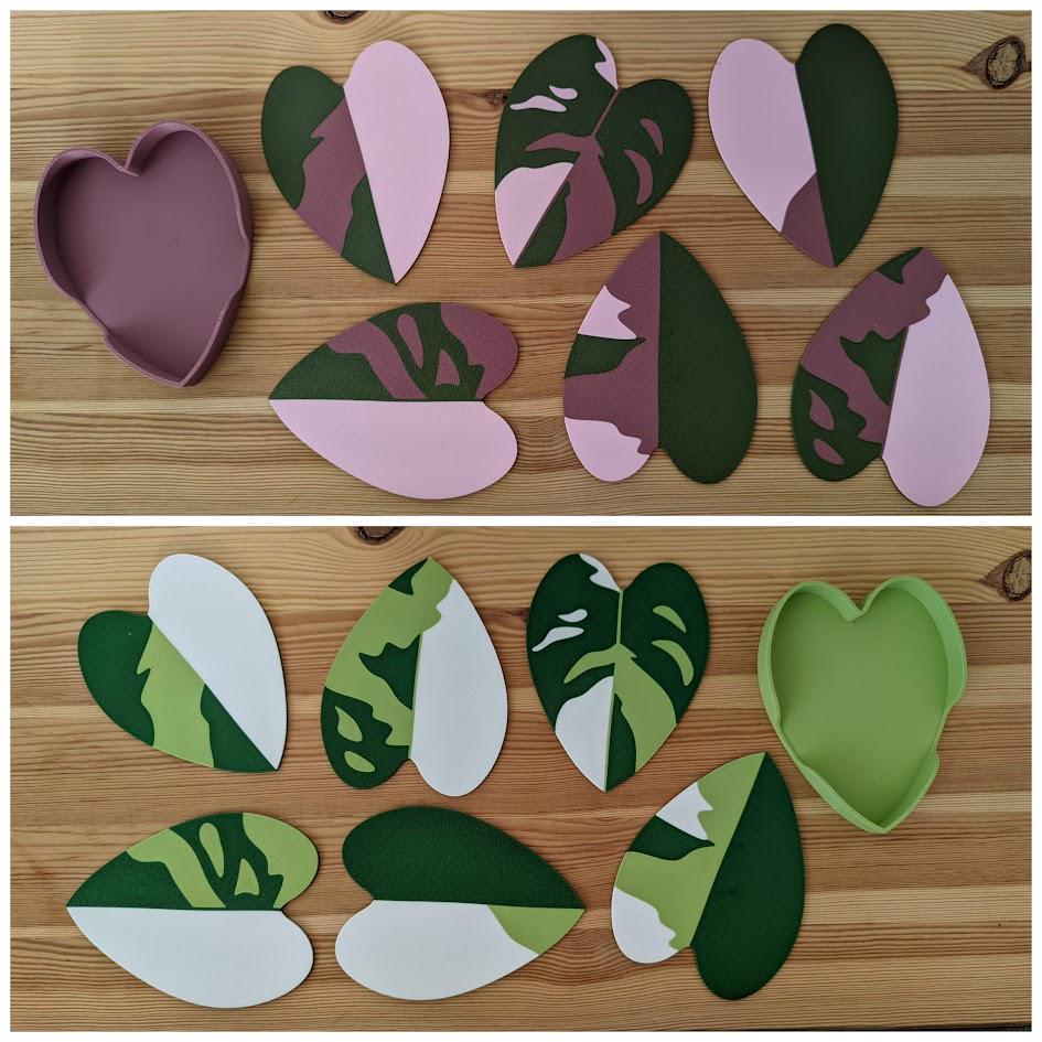 Philodendron Leaf Coasters Set, Pink or White Princess colors, 6 pcs with holder, 3d print