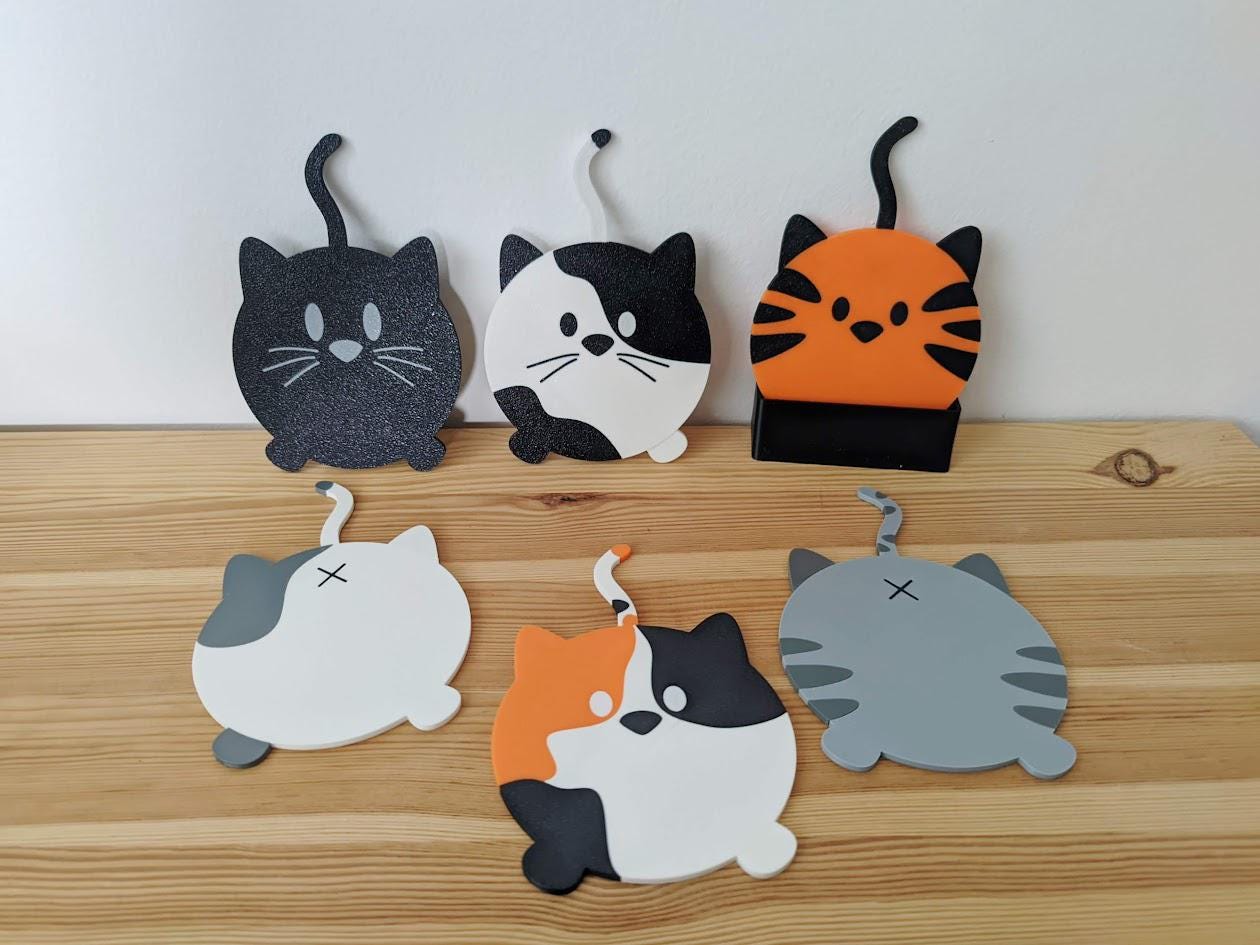 Cat Coaster Set Double sided Cute and Funny Cat Coasters with Holder, Unique Coasters for Cat Lovers, 3D printed Coasters