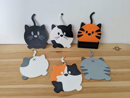 Cat Coaster Set Double sided Cute and Funny Cat Coasters with Holder, Unique Coasters for Cat Lovers, 3D printed Coasters