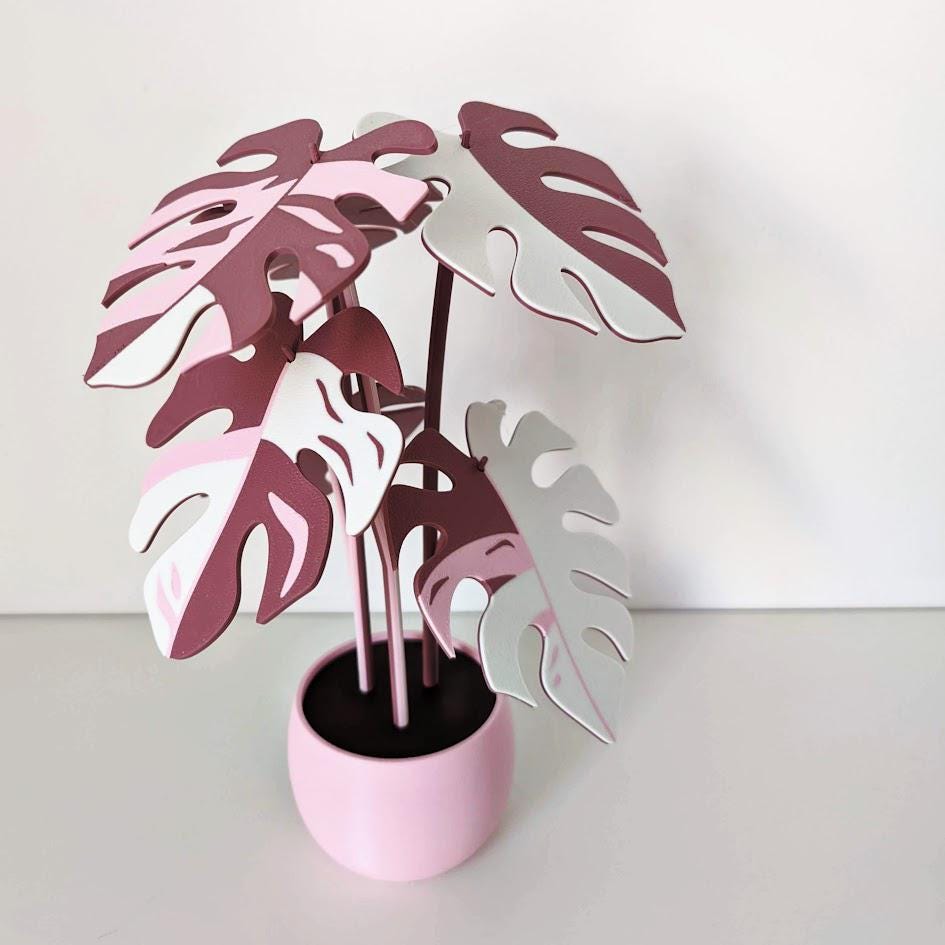 Monstera Coaster Set, MAGNETIC Leaves, Monstera Albo, Monstera Leaf Coaster Plant Gift, 3D printed Coasters, Pink Monstera