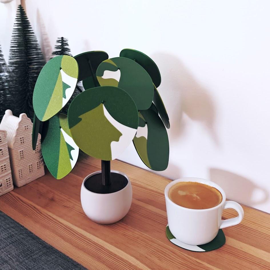 Pilea Coaster Set with 12 Leaf Coasters, Money Plant Pilea Peperomioides Coaster Plant, Pilea Mojito, Chinese Dollar, 3D printed Coaster