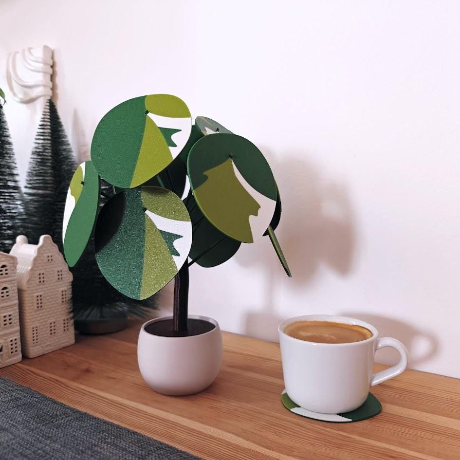 Pilea Peperomioides Coaster Set with 12 coasters, Money Tree, Chinese Dollar