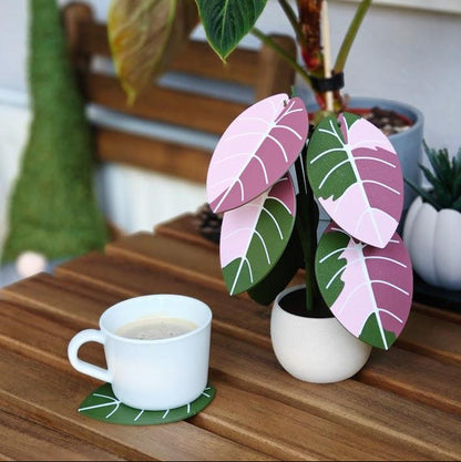 Jewel Alocasia Coaster Set – Elegance Inspired by Nature, Plant Decoration Gift, Variegated Leaves Coasters, Black Velvet or Melo