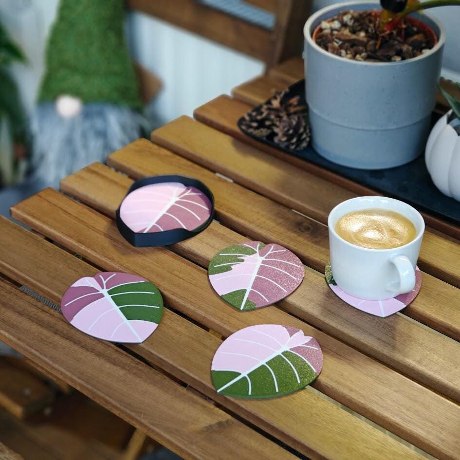 Leaf Coasters with Tray, Alocasia Black Velvet variegated or Melo variegated Coaster Set, Decoration Gift Present for Plant Lovers