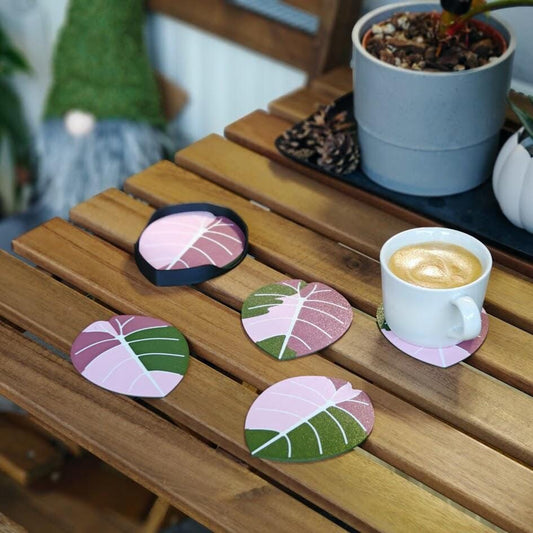 Leaf Coasters with Tray, Alocasia Black Velvet variegated or Melo variegated Coaster Set, Decoration Gift Present for Plant Lovers