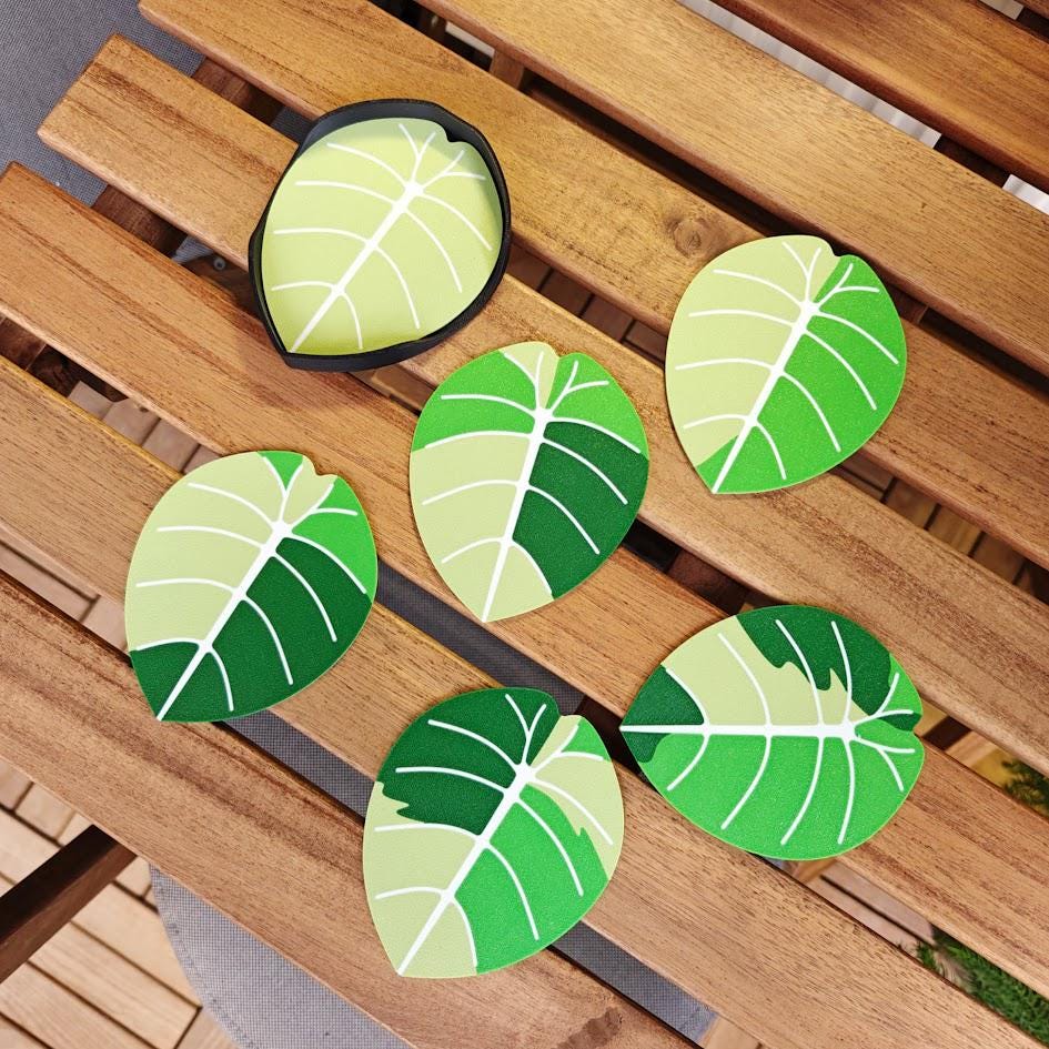 Leaf Coasters with Tray, Alocasia Coaster Set, Variegated Alocasia Black Pink, Alocasia Melo, 3D printed Coasters, Alocasia Print