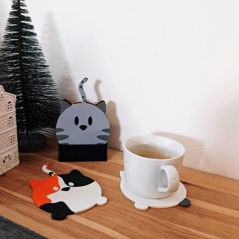 Cat Coaster Set, Double sided Cute and Funny Kitten Coasters with Holder, Table mats for Feline Lovers, 3D printed Decor