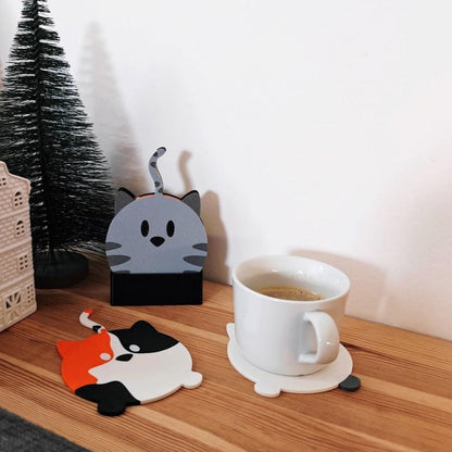 Cat Coaster Set, Double sided Cute and Funny Kitten Coasters with Holder, Table mats for Feline Lovers, 3D printed Decor